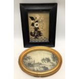 A 19th Century black silk stitch oval panel depicting three figures angling at a river with