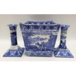 Cauldon blue and white transfer printed pottery square section jardinière in chariot pattern