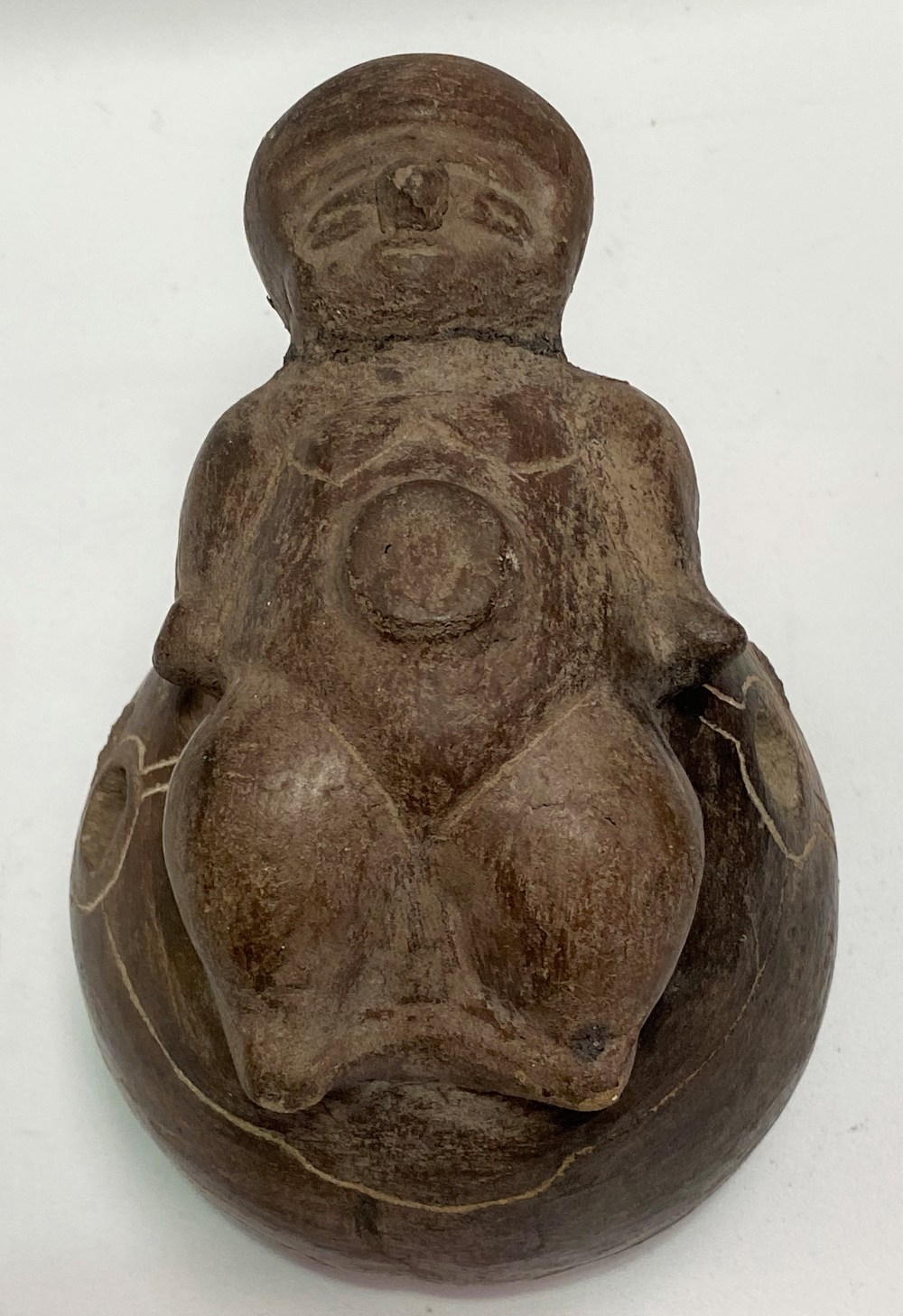 A possibly pre-Columbian, Chimu terracotta pot applied to the top with a figure on an ovoid base, - Image 3 of 3