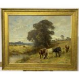 FREDERICK JAMES KNOWLES (1874-1931) Cows At Pasture By The River Oil on lined canvas Signed 52 x