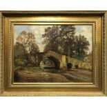19th Century British School Medieval bridge over a river Oil on canvas Indistinctly monogrammed,
