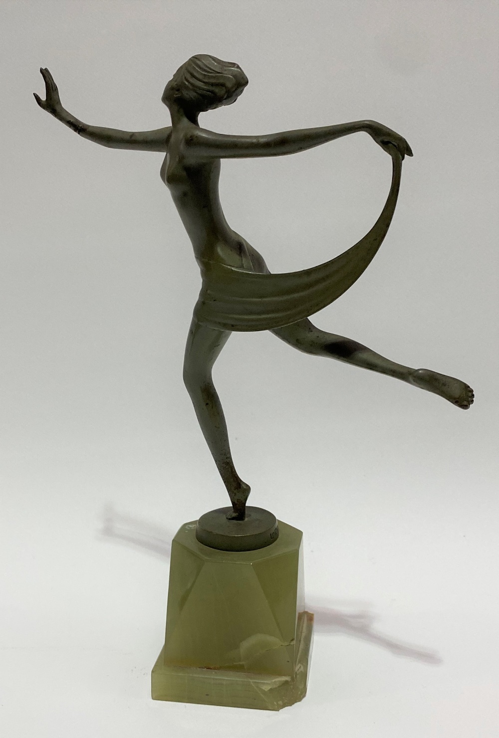 A Josef Lorenzl Art Deco bronze dancing girl upon green onyx base, the circular bronze plinth - Image 3 of 3