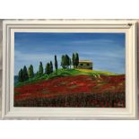 JACKIE WARD Continental Landscape With Poppies Oil on board Signed 35.5 x 53cm