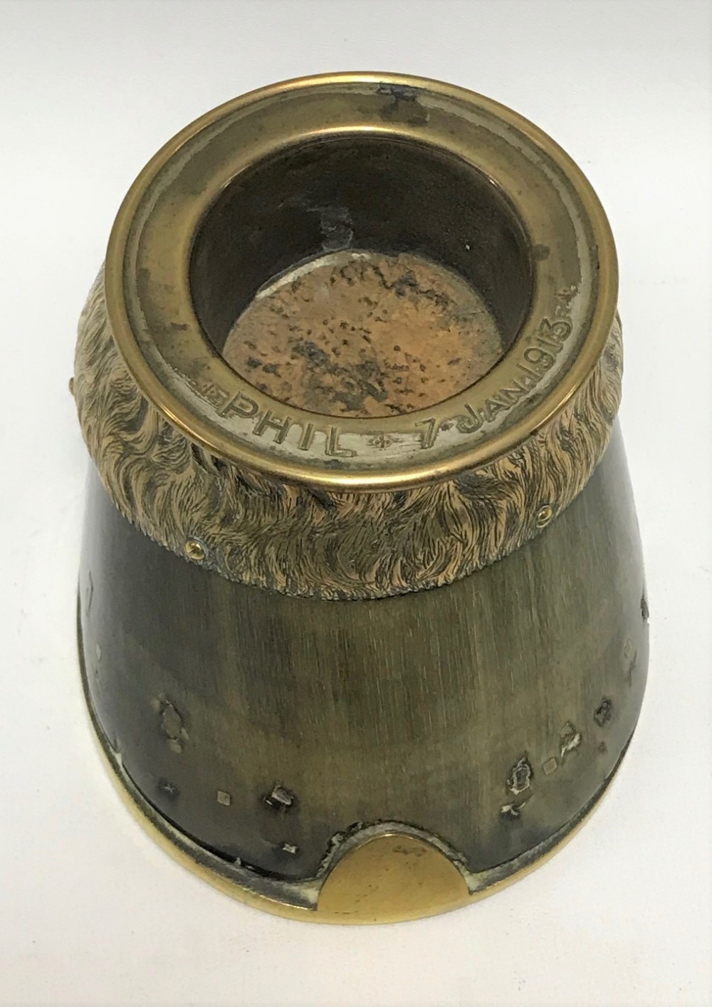 An early 20th century brass mounted horse hoof ashtray, the rim inscribed 'Phil 7 Jan 1913', with - Image 2 of 3