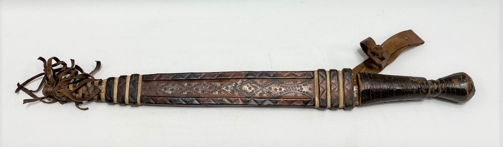 African tribal short sword with leather covered grip and steel blade, the sheath with punched zigzag