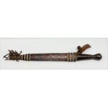 African tribal short sword with leather covered grip and steel blade, the sheath with punched zigzag