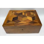 A Victorian walnut specimen wood parquetry sewing box and silvered board fitted interior and with