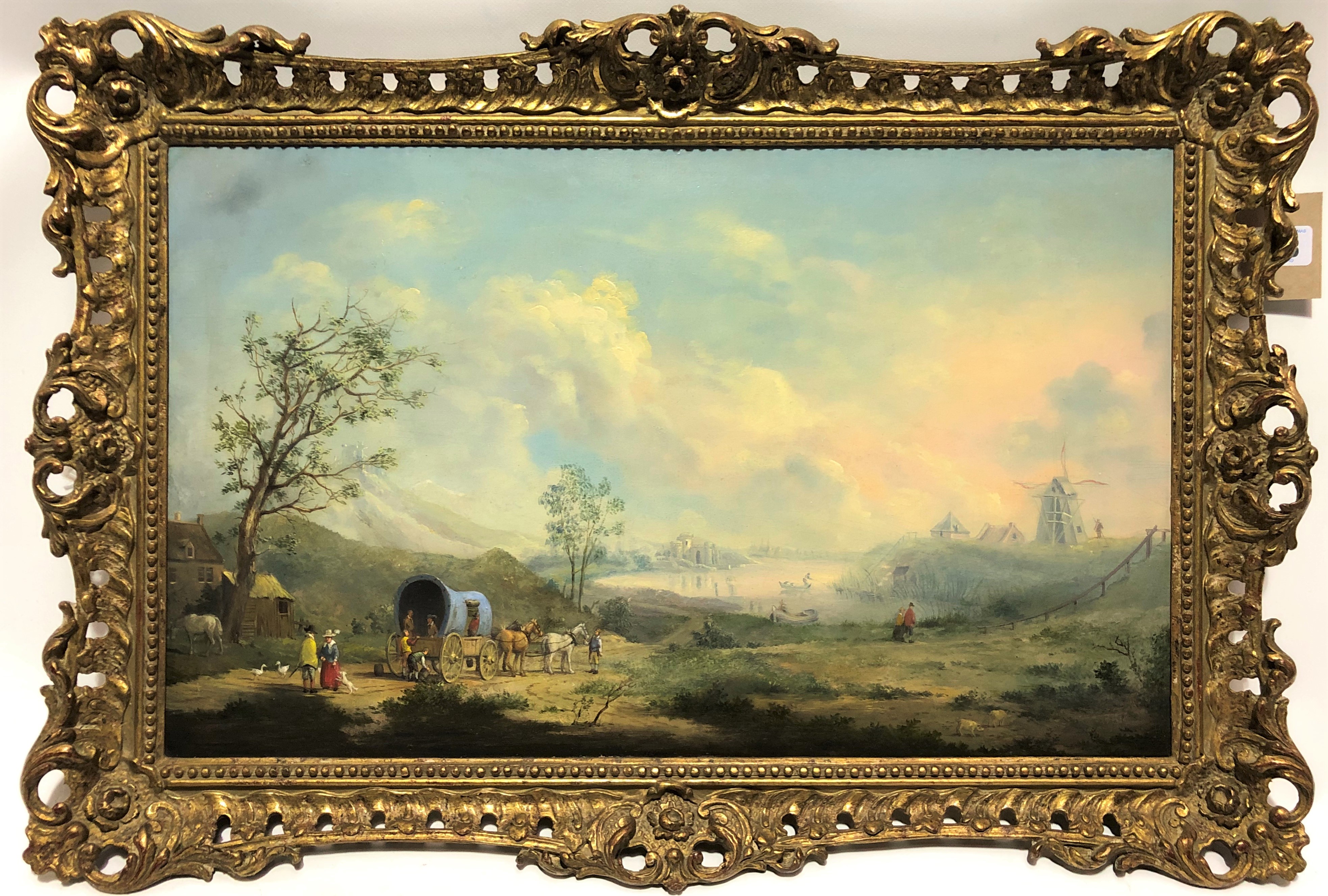 19th century Dutch School River Scene With Horse and Cart, Figures and a Windmill In The Distance