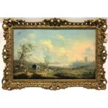 19th century Dutch School River Scene With Horse and Cart, Figures and a Windmill In The Distance