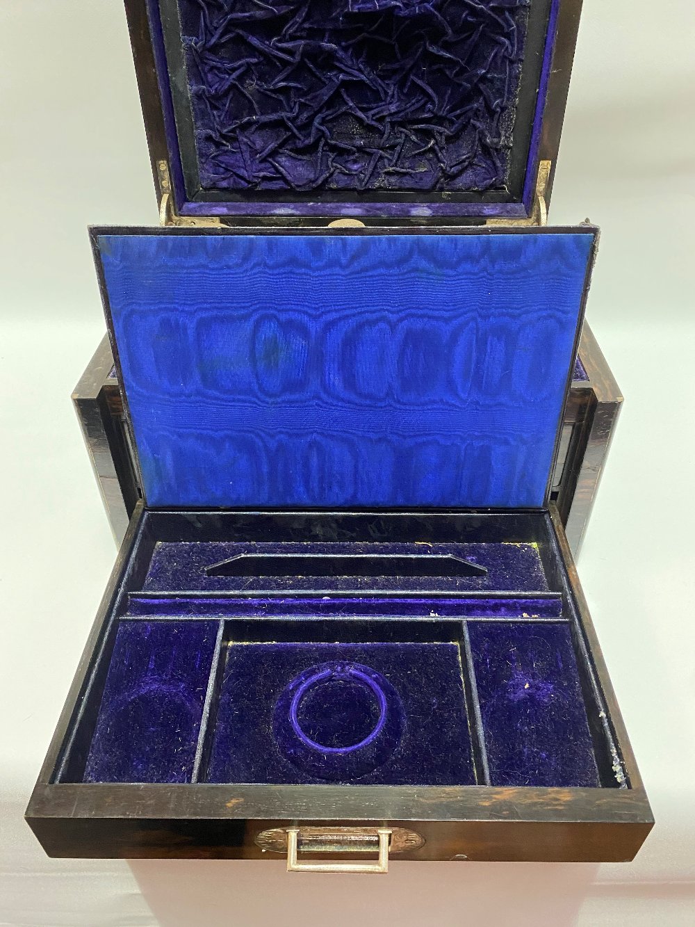 Victorian Coromandel brass inlaid vanity box, the hinged-lid revealing eight silver lidded bottles - Image 3 of 5