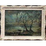 20th Century School A moonlit lake with fishermen Oil on board Indistinctly signed 42 x 59cm