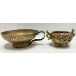 Small Chinese brass censer, diameter 7cm; together with an Islamic dish (2)