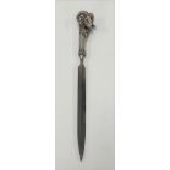 A letter knife with solid 925 silver ram's head and acorn leaf handle and stainless steel blade,