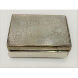 A white metal hinge-lidded box with Chinese mother of pearl rectangular counter inset to the lid,
