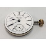 A Waltham pocket watch movement, the white 45mm enamel dial with Roman and Arabic Numerals and