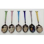 A George V harlequin set of six silver and coloured enamel demi-tasse spoons, two different