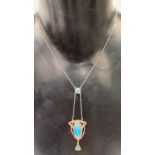 Art Nouveau sterling silver and blue enamel pendant necklace by Charles Horner, length of drop