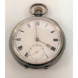 A silver export hallmarked crown wind pocket watch with 43mm white enamel dial with black Roman