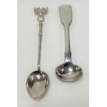 William IV Exeter silver mustard spoon, 1835; together with an Edwardian silver Falmouth souvenir