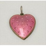Norwegian silver and pink guilloche enamel heart shaped pendant cast to the back with The Lord's