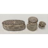 Three silver lidded cut glass toilet jars, Birmingham 1901, 1906 and 1923, weight of silver 0.90oz