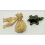 Meiji period miniature ivory carving of two fish and a net, length 30mm; together with a green