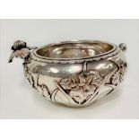 A Japanese Bisansha silver double walled bowl decorated and applied with irises and leaves, the base