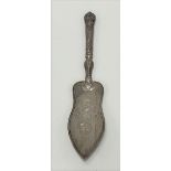 French silver cake slice, the shaped silver blade with engine turned and foliate scroll engraved