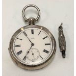 A silver cased pocket watch by Baume Geneve, the 37mm white enamel dial with black Roman Numerals