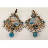 Pair of continental gilt filigree blue stone and pearl set drop earrings, each painted with an