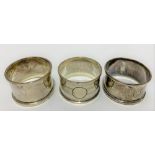 Three silver hallmarked napkin rings, weight 1.60oz approx.