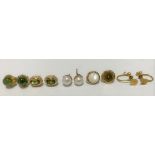 A pair of 9ct gold screw earrings (AF) together with a pair of peridot set stud earrings and two