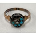 A Victorian gold turquoise and diamond chip set ring, the small diamond surrounded by five turquoise