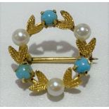 9ct gold turquoise and pearl set annular brooch, diameter 20mm, stamped 9ct, weight 2.4g approx.