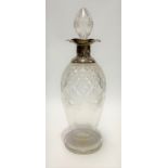 George V silver rimmed cut glass pedestal decanter and stopper, maker JD WD, Sheffield 1915,