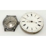 A pocket watch dial and movement, the 44mm white enamel dial with Roman Numerals and Arabic