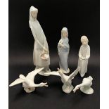 Five Lladro figures, including three girl figures and three geese, height of largest 32.5cm.