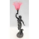 A bronzed spelter figural table lamp base after Brucnon 'L'Orage', modelled as a girl holding