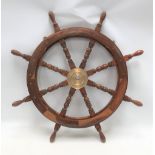 Teak ship's wheel, diameter 93cm.