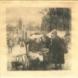 19th century Continental School Etching depicting figures in a market place Indistinctly signed CE