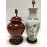 A 20th century Chinese famille rose porcelain table lamp base painted with rocks issuing flowers and