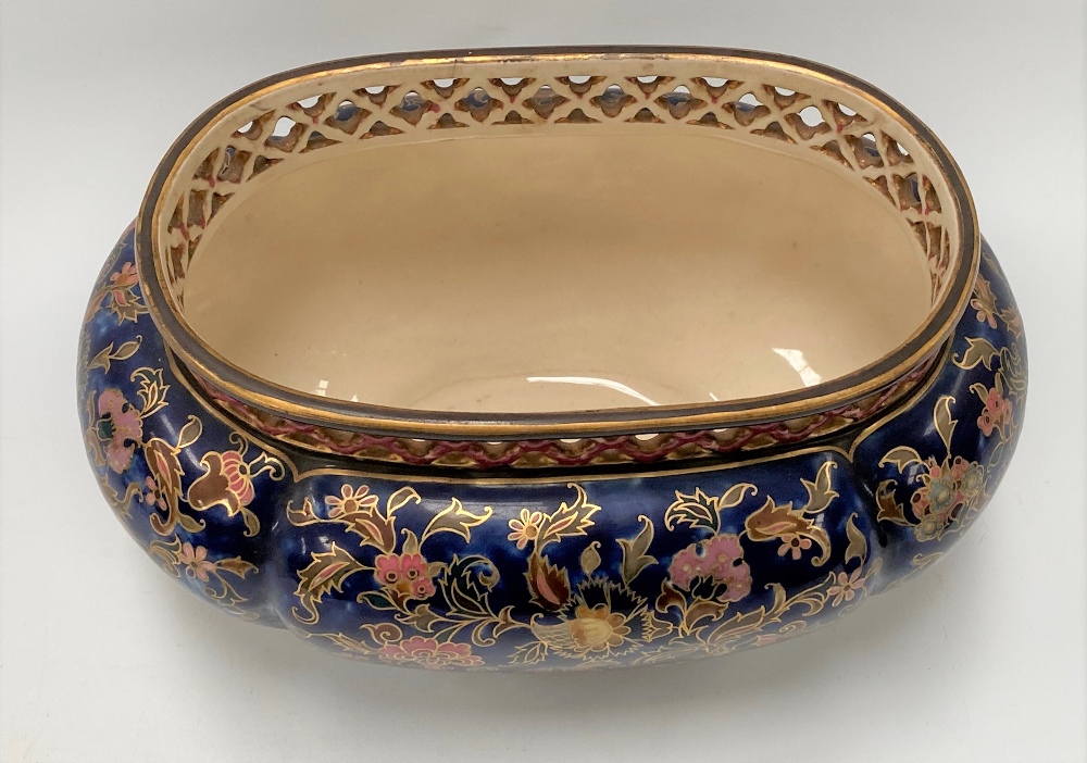 A Zsolnay Pecs oval lobed jardinière with pierced rim and painted with foliate scrolls with gilded - Image 2 of 2