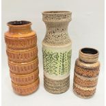 Three West German pottery vases, the largest height 45cm.