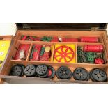 Meccano outfit no. 10 within Meccano stained oak box, width of box 66cm (we do not guarantee the