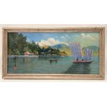 20th Century Chinese School A river landscape with boat Signed and with inscription Oil on board