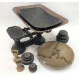 Cast iron balance kitchen scales with brass tray; together with stacking weights and two brass