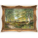 ALOIS ARNEGGER (1879-1963) A.R.R. Faggot gatherer in a wooded river landscape, Oil on lined canvas