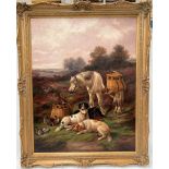 JOHN GIFFORD (19th Century British) Resting hunting dogs and horse within a landscape, Oil on