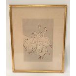 Japanese colour wood cut print by Shotei A gaggle of geese, Label to the back 20 x 14cm