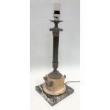 A Corinthian column cast metal table lamp with alabaster and grey and white veined marble base,